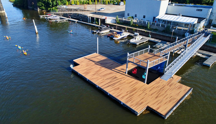 An aerial view of the dock at Allegheny RiverTrail Park.