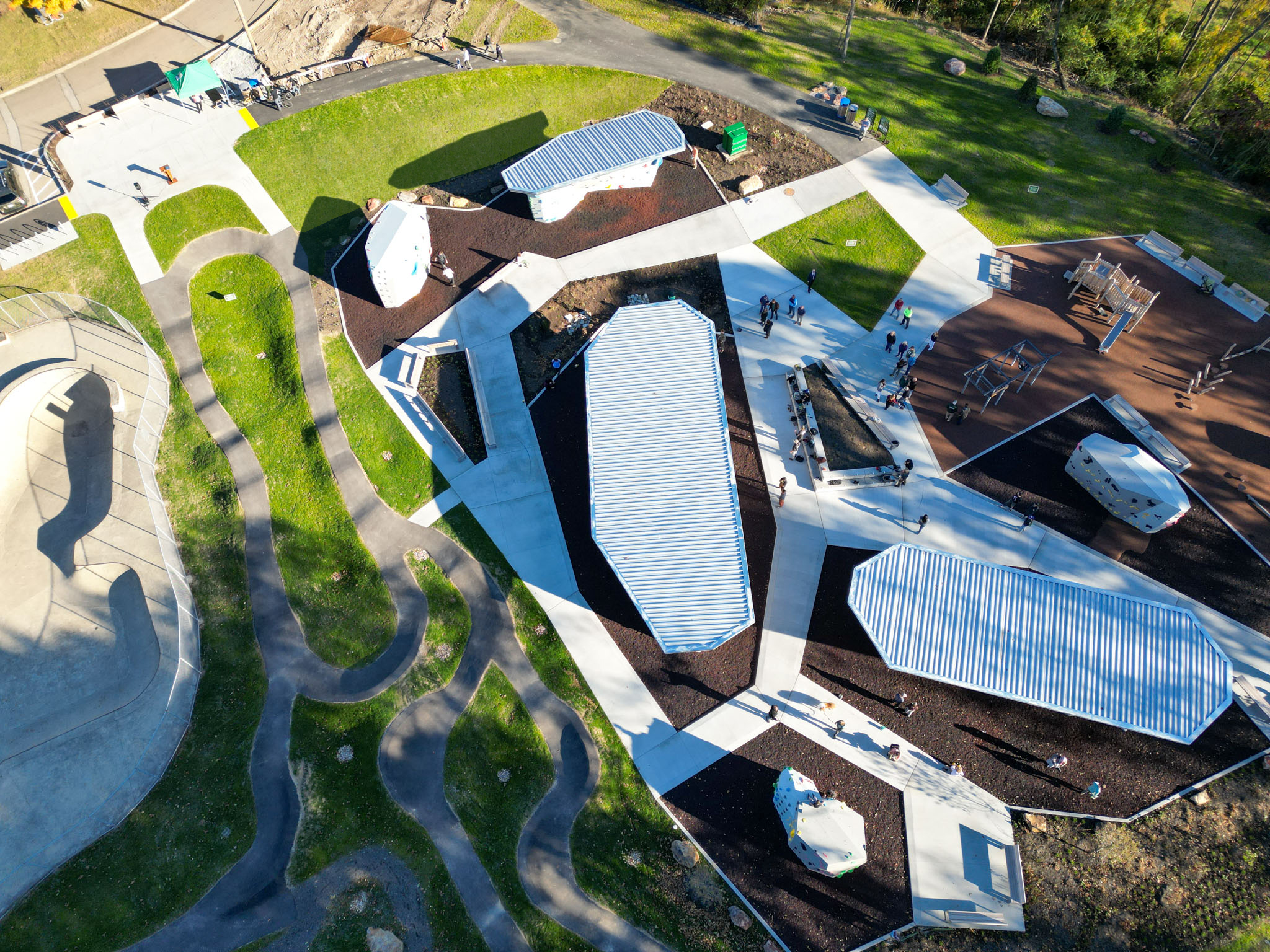 An aerial picture of the Boyce Park Climbing Facility and Pump Track.