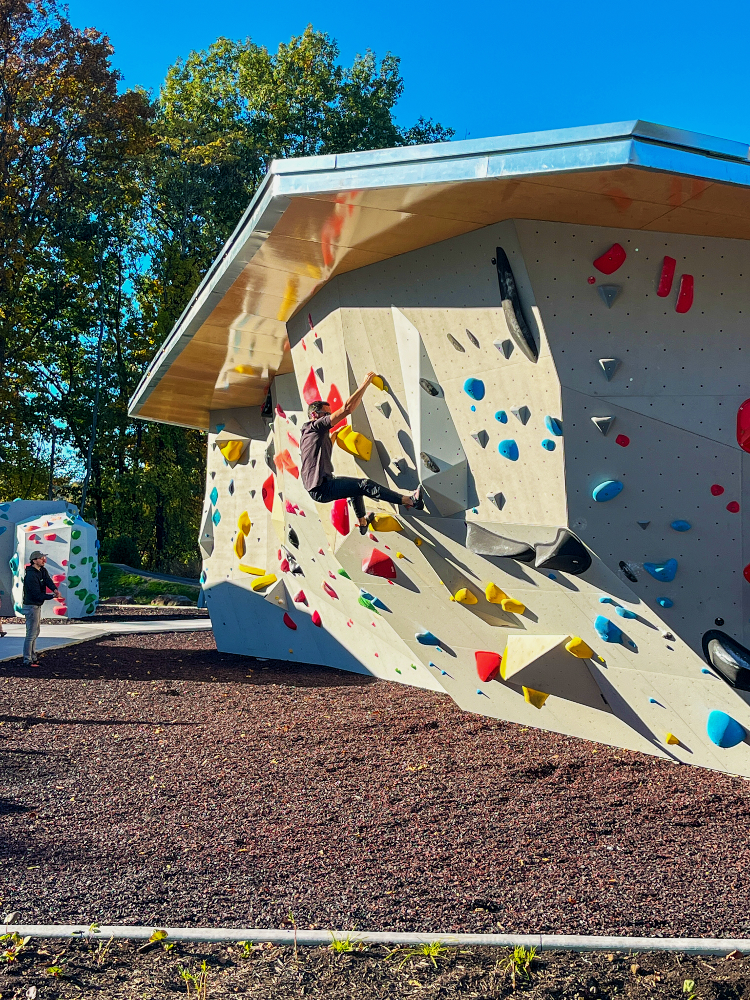 A picture of a person using the climbing wall at Boyce Park.